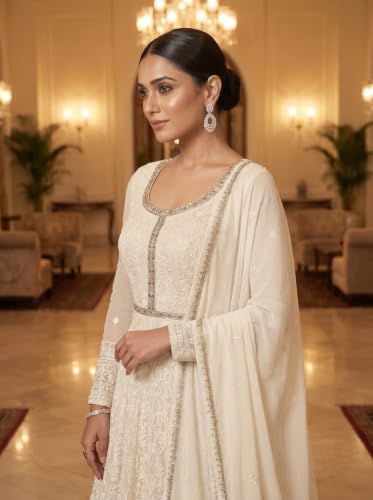 RUDRAPRAYAG Georgette And Santoon Embroidered Ankle Length Anarkali Gown For Women White