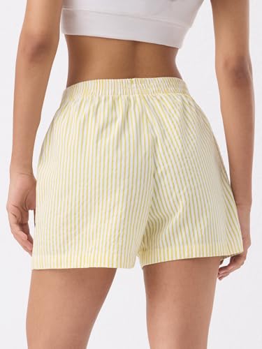 The Souled Store Disney: Winnie The Pooh Happy Women and Girls Elastic Waistband Yellow Striped Embroidered Polyester Blend Regular Fit Lightweight Lounge Shorts