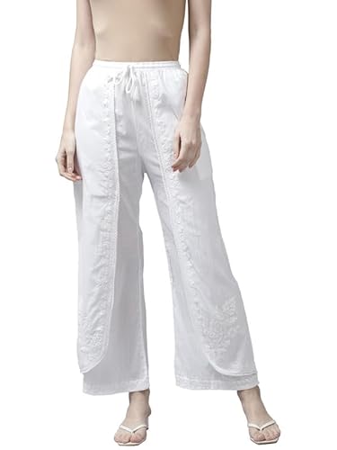 Ada Hand Embroidered Lucknow White Chikankari Cotton Palazzo Pant Culottes for Women A711146 (M)