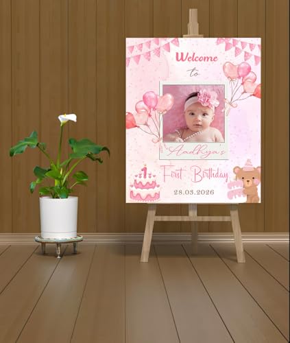 Party Perfect Designs Customizable 1st Birthday Welcome Sign for Girls - Pink Watercolor Balloons & Teddy Bear Design - Personalized Birthday Party Entrance Board with Photo - Pink, Vinyl Pasted, 4 Sizes, First Birthday Theme
