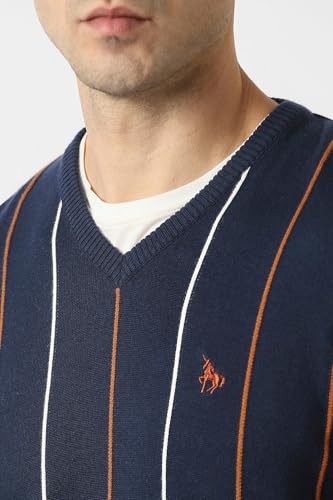 Men Navy Stripe V Neck Sweater