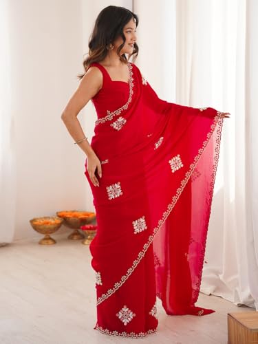 AKHILAM Women's Red Tissue Embellished Saree With Unstitched Blouse Piece (KRIYNS5407_KH)