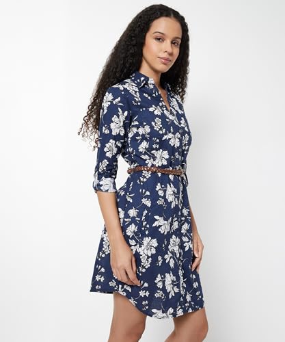 Max Women Printed Shirt Dress with Belt(Blue_L)