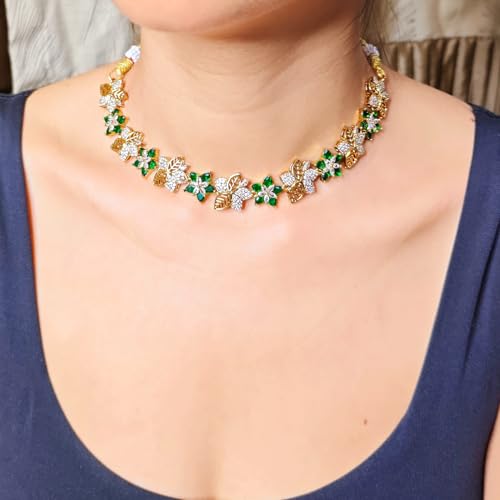 ZYRA JEWELS Floral Choker Necklace Set and Earrings, American Diamond & Austrian Zircon Studded Micro Gold Plated Antique Polished Jewellery Set For Women and Girls (Emerald Green)