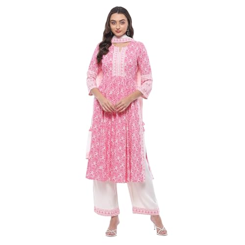 Biba WOMEN PRINTED STRAIGHT SALWAR KURTA DUPATTA(SKDASSORTED7518_WHT/PNK_32)