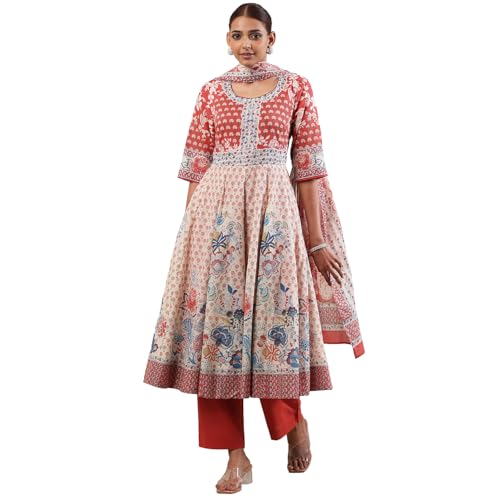 Biba Women Red Cotton Anarkali Suit Set_38