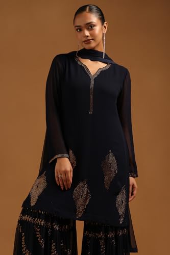 Soch Womens Navy Blue Georgette Embellished Suit Set With Mukaish Work