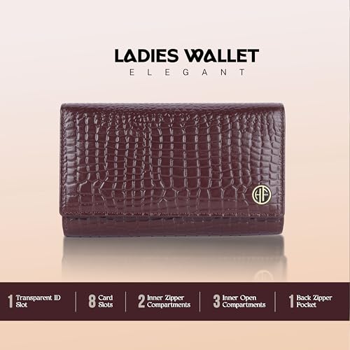 HAMMONDS FLYCATCHER Genuine Leather Wallet for Woman with 8 Card Slots - Clutch Purse for Women, Ladies Wallet for Women Stylish, Ladies Purse for Women Wallet - Croc Redwood