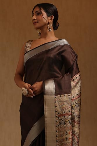 Soch Womens Brown Tussar Botanical Printed Saree