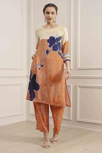 Biba Women Orange Viscose Rayon Straight Printed Fusion Set_38