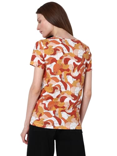 VERO MODA Women Printed Cotton Blend Regular Fit Brown T-Shirt