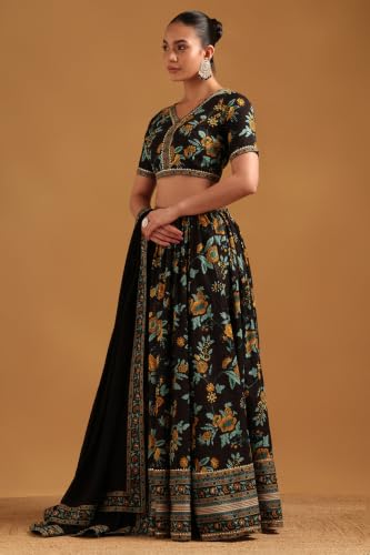 Soch Womens Black Cotton Botanical Lehenga Choli Set With Gotta Patti