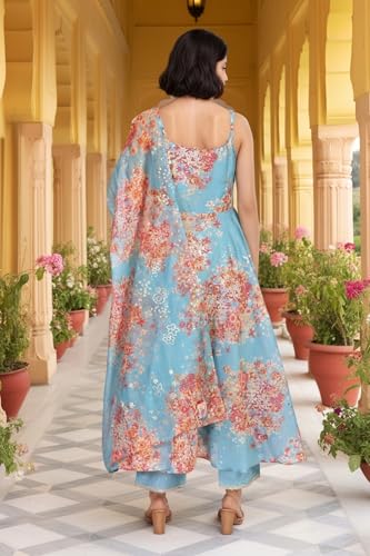 W for Woman Floral Printed Sequined Flared Chanderi Kurta with Pant and Dupatta Set - Turquoise (WS13204-126198-XS)