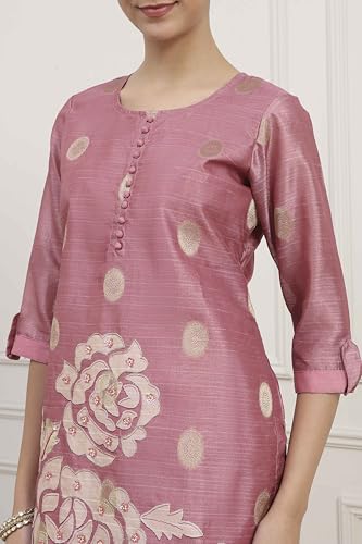Biba Women Pink Chanderi Blend Printed Embroidered Unstitched Suit Set_FREE SIZE