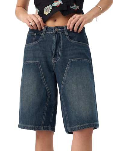 The Souled Store Bermuda Shorts: Stone Blue Women and Girls Buttoned Waistband Faded Cotton Blend Regular Fit Paneled Front Decorative Stitching Bermuda Shorts