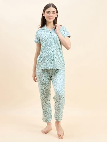 Sweet Dreams Women's Cotton Blend Geometric Pajama Set Pack of 2 (2114AXCO Green S)