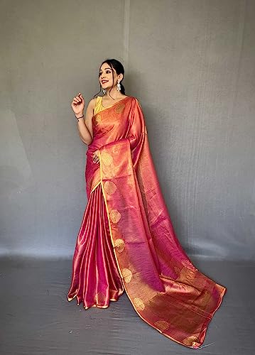 Panzora Women's Tissue Silk Jacquard Weaving Pink Saree With Unstitched Blouse Piece