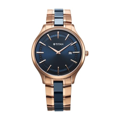 Titan Slim Ceramic Fusion Quartz Analog with Date Blue Dial Stainless Steel Strap Watch for Men