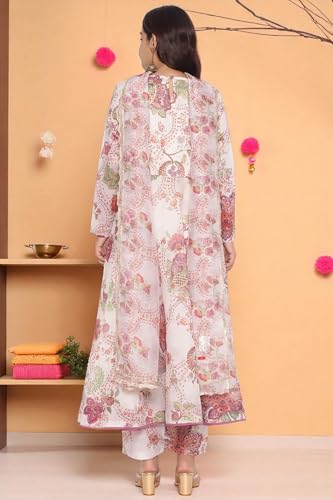 W for Woman Ecru Printed Chanderi Flared Kurta, Straight Pant and Dupatta Set (Size: XL)-WS12929-125978