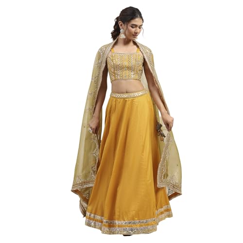 BIBA Women Yellow Cotton Zari Tissue Regular Lehenga Set_36