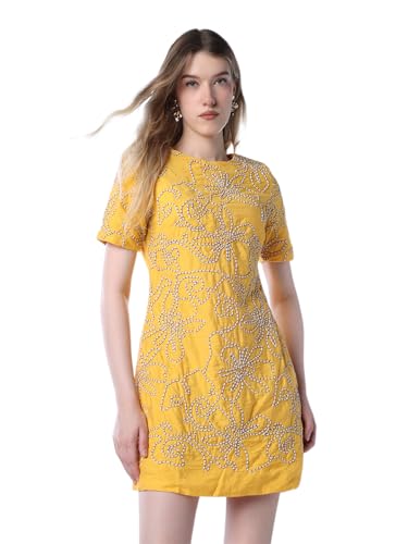 ONLY Women's Self Design Fit and Flare Yellow Dress