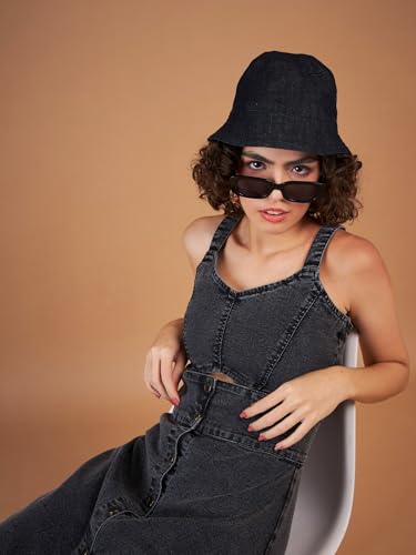 Sassafras Women Black Denim Wash Strappy Dress -S