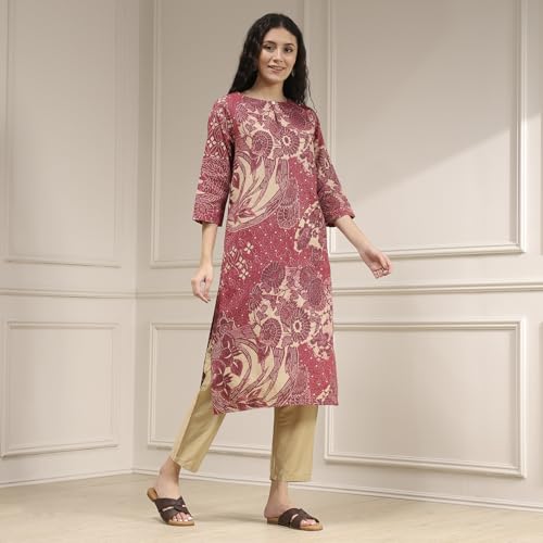 Biba Women's Cotton Printed Straight Kurta (ASRT30202AW25ONPN_Onion Pink