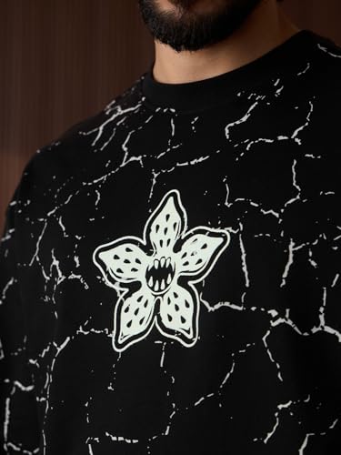 The Souled Store Stranger Things: Hellfire Glow Men and Boys Long Sleeves Round Neck Black Graphic Printed Casual Lightweight Drop Shoulder Streetwear Trendy Oversized Full Sleeve T-Shirt