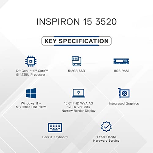 Dell Inspiron 3520 Thin & Light Laptop, Intel Core i5-1235U Processor, 8GB, 512GB SSD, 15.6" (39.62cm) FHD 120Hz 250 nits Display, Windows 11 + MSO'21, Backlit KB, 15 Months McAfee, Silver, 1.65kg