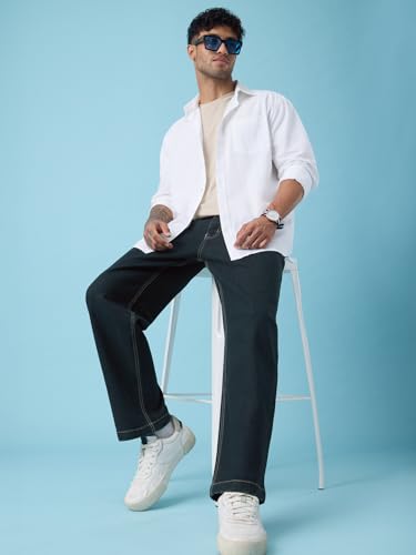 The Souled Store Baggy Fit Denim: Inkstone Men and Boys Zip Fly Charcoal Blue Solid Cotton Denim Contrast Stitching Comfortable Everyday Streetwear Straight Fit Jeans