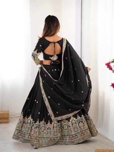 JIHU CULTURE Women's Natural Silk Coding Dori With Sequence Embroidery Work Semi Sttiched Lehenga Choli Set For Wedding (Black)