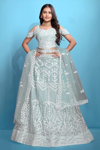VARNI FABRICS: A lady's First Love Women’s Net Embroidered Lehenga Choli Set Elegant Ethnic Wear for Festive & Wedding Occasions (BLUE)