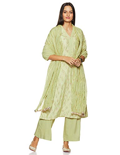 BIBA Women Synthetic Embroidery Straight Salwar Kurta Dupatta(Skd6643_Green_32)