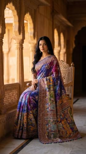SHANTVAN GALLERY Ajrakh Sarees for Women Roman Silk Ajrakh Print Saree for Woman with Mirror Work Border Pallu & Kodi Latkan with Blouse Piece Designer Ethnic Wear