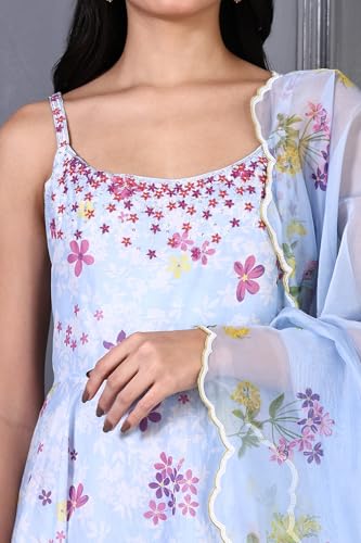W for Woman Blue Floral Printed Thread Work Chanderi Flared Dress and Dupatta Set (Size: 3XL)-WS12493-125416