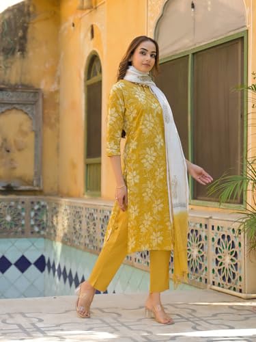 Divena Mustard Floral Print Cotton Straight fit Kurta Pant with Dupatta