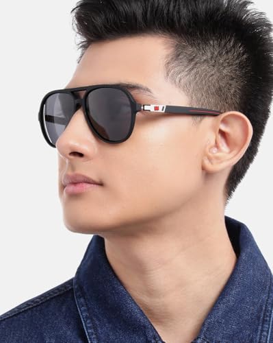Carlton London Black with Silver Toned and Black Polarised Lens Aviator Sunglass for men