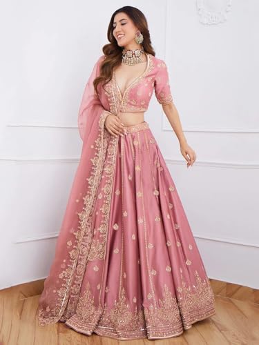 Zeel Clothing Women's Art Silk Semi-Stitched Sequins Dori Embroidered Lehenga Choli with Dupatta (7091-Pink-s-Lehenga-Choli-Latest; Free Size) (Pink)