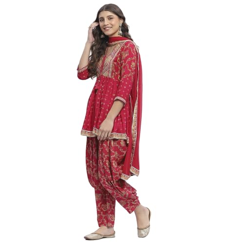 Biba Women Fuchsia Viscose Floral Printed Peplum Kurta Set_34