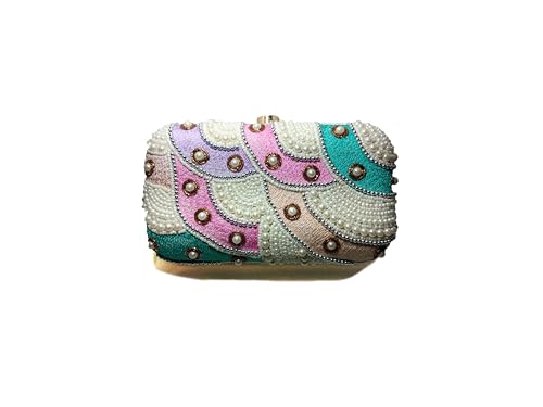 Women’s Pearl Embellished Multicolor Clutch | Handcrafted Party & Wedding Box Purse | Designer Evening Bag with Sling Chain | Ethnic & Indo-Western Accessory