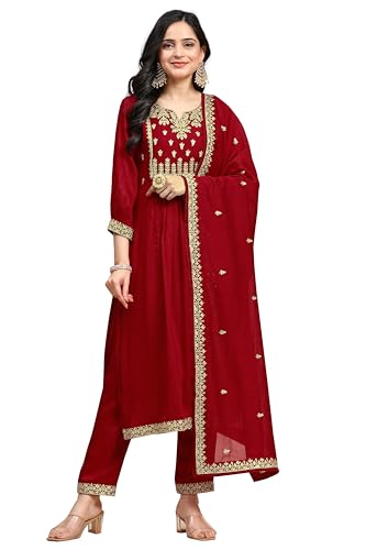 TRENDMALLS Women's Vichitra Silk Embroidery Salwar Suit Set for Women (G225-Red-XL-)