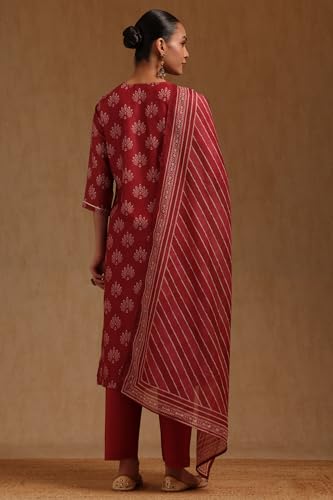 Soch Womens Brick Red Chanderi Floral Printed Salwar Suit With Zari