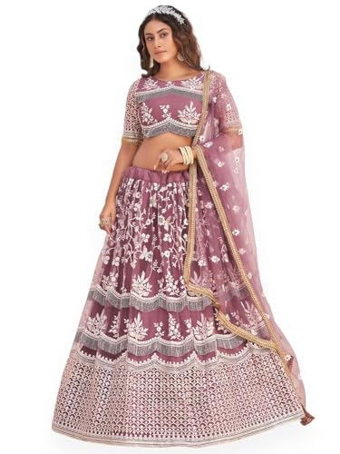 Zeel Clothing Women Embroidered Soft Net Semi-Stitched Lehenga Choli With Dupatta (2111-Mauve-Wedding-Stylish-Latest; Free Size)