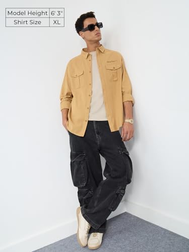 The Souled Store Cotton Linen: Chasing Sunset Men and Boys Long Sleeves Collared Neck Button Front Beige Embroidered Regular Fit Cotton Linen Shirts