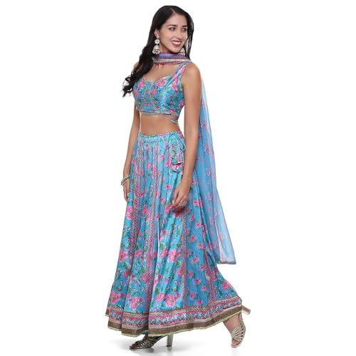 BIBA Womens Polyester Blend Printed Straight Polyester Blend Lehenga Set(Skdassorted9040_Turquoise_Xl) Readymade Turquoise Xl