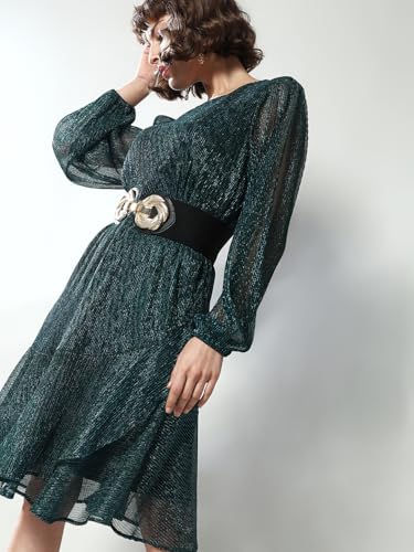 VERO MODA Women Textured Polyester Knee Length Green A-Line Dress