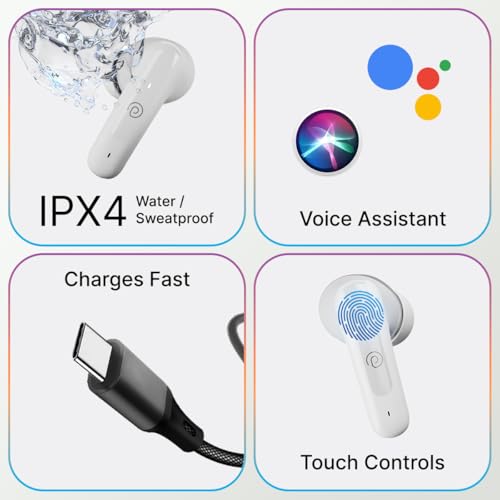 pTron Bassbuds Astra in-Ear TWS Earbuds w/Stereo Sound, 34Hrs Playtime, Stereo Calls, Custom EQ, Mobile App, BTv5.3 Headphones, Touch Control, Voice Assistant, Type C Charging & IPX4 (White)