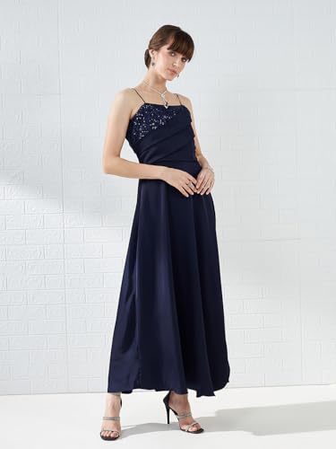 Latin Quarters Women's Navy Blue Shoudler Strap Square Neck Solid Party Maxi Dress_M