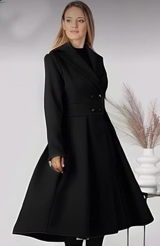 OFFICE PURPLE Women Dress, Women's Elegant Long Coat - Double Breasted, Flared Winter Overcoat with Lapel Collar and Pockets for Formal Casual and Winter Wear (Black, L)