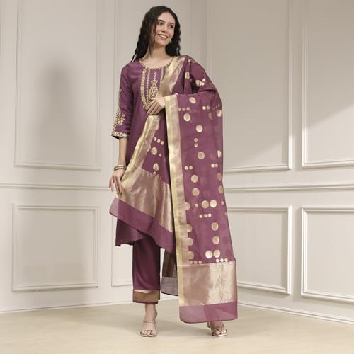 Biba Women's Blended Kurta Set (SKDASRTFES30458AW25OLDRS_Old Rose